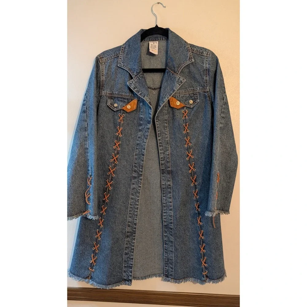 Ethyl Womens Medium Wash Denim Lace Up Longline‎ Western Duster Jacket Small